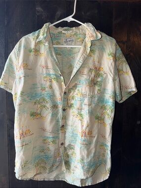 Lucky Brand Cream Tropical Print Short Sleeve Button-Down Shirt